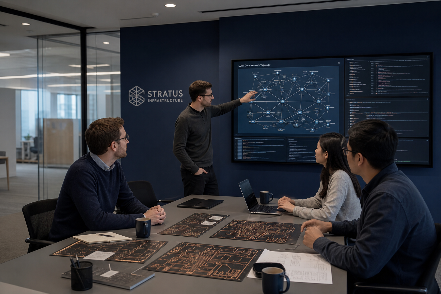 WJDIGITAL LTD team reviewing infrastructure routing boards in London office