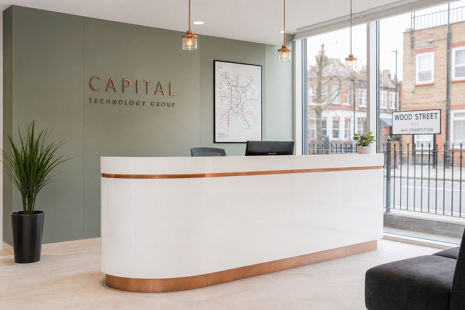WJDIGITAL LTD London office reception with copper accent routing detail