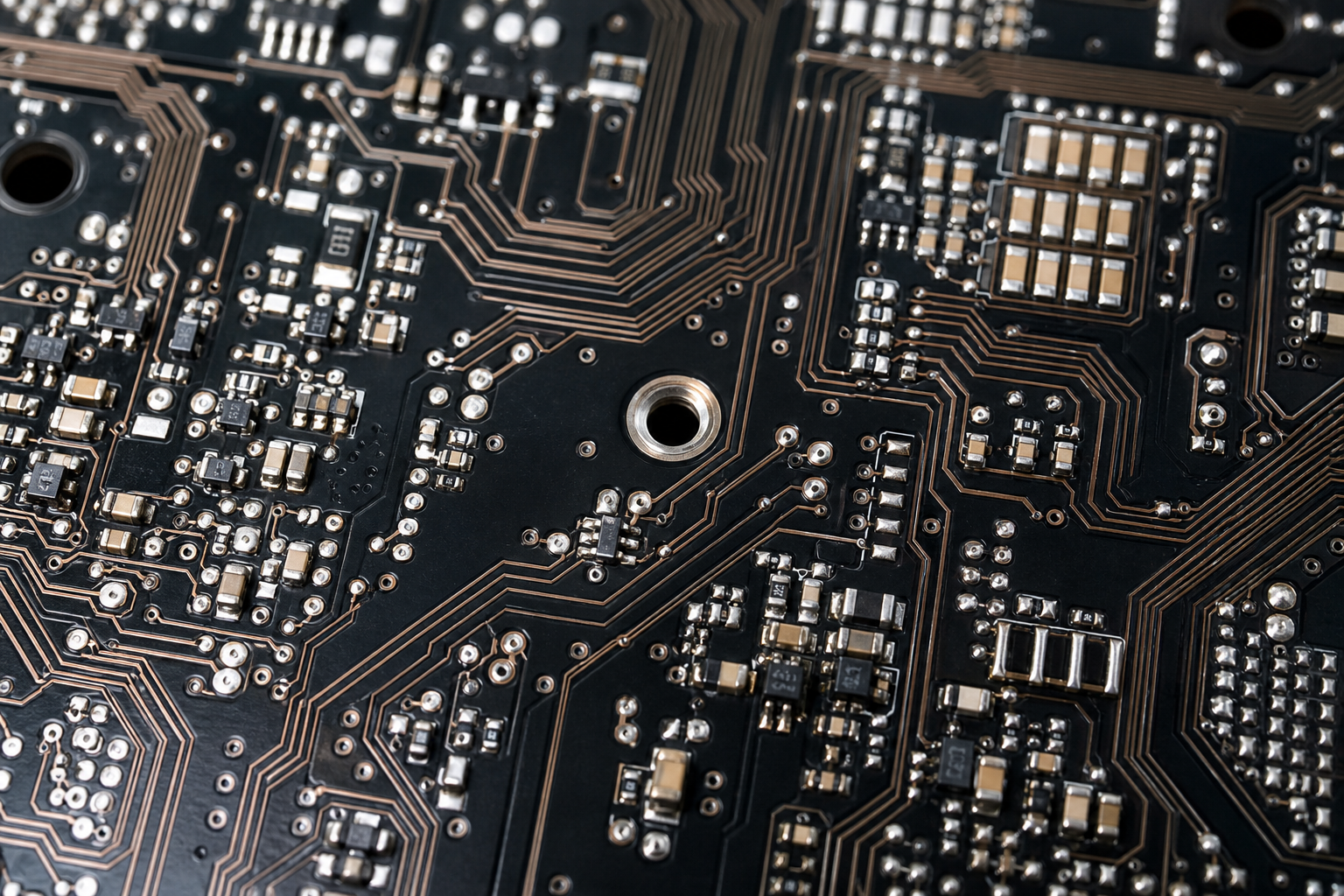 Black PCB copper traces and solder pads detail