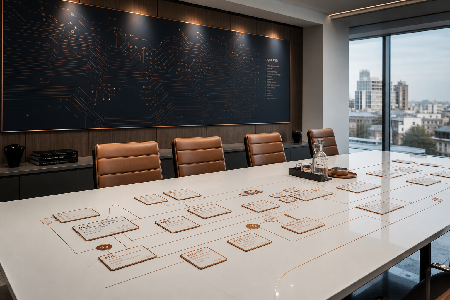 Meeting room with copper-edge route cards arranged as signal paths