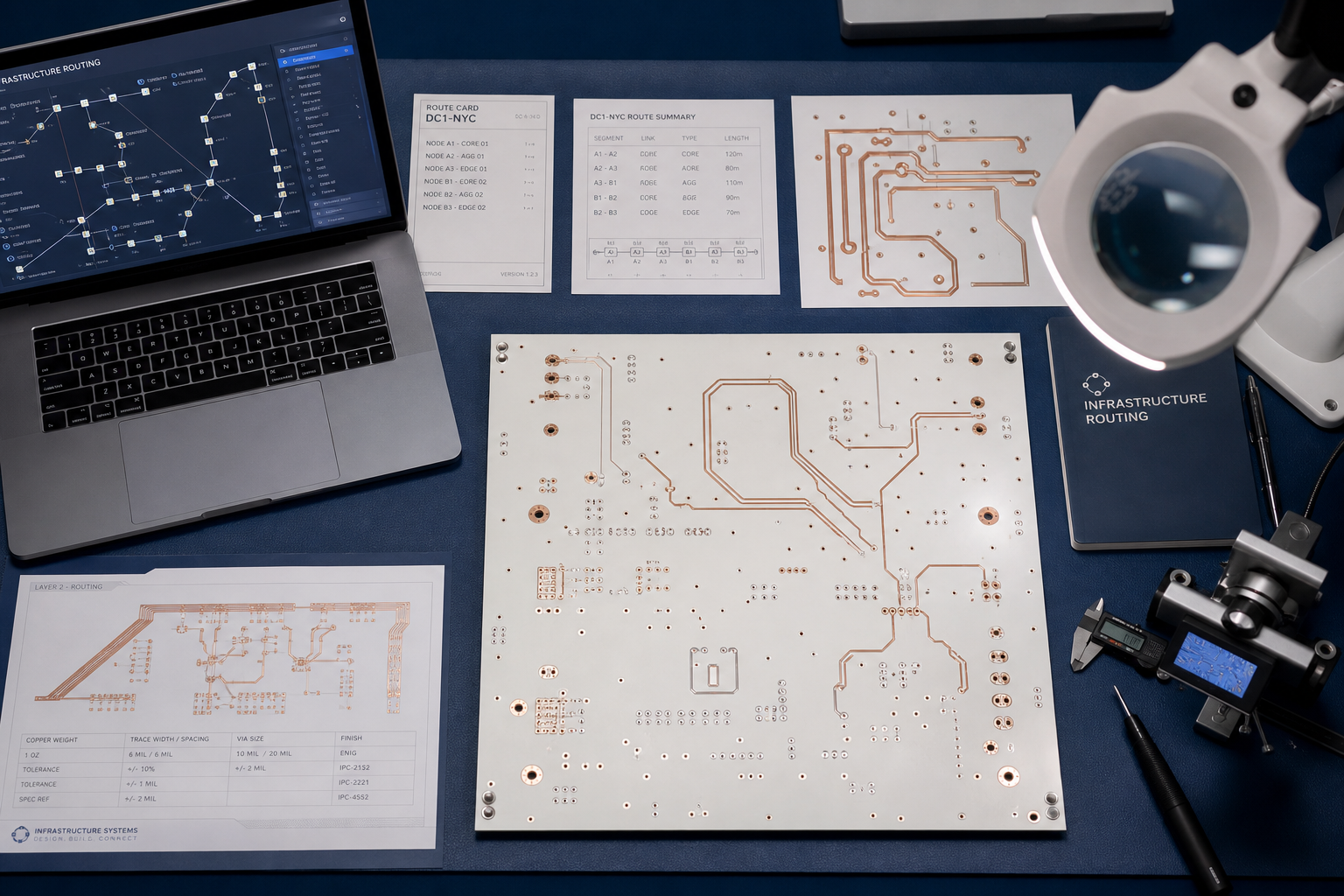 Circuit inspection desk with copper routing diagrams and infrastructure workspace
