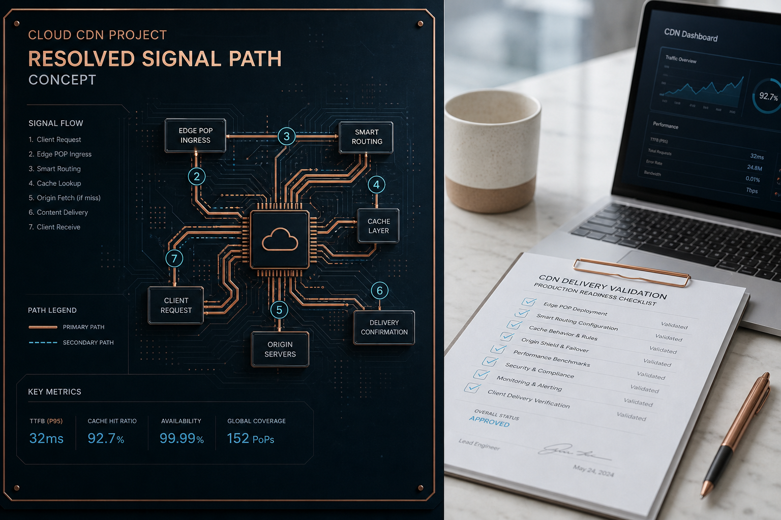 CDN routing board and validated delivery workspace