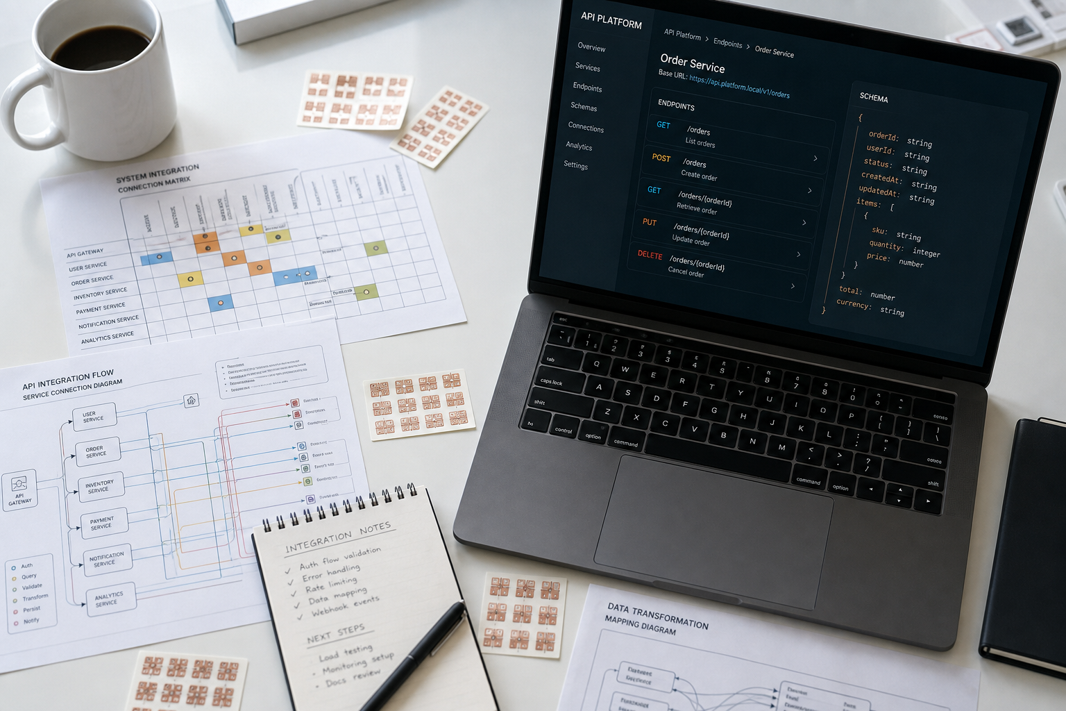 API connection matrix and route schema on desk