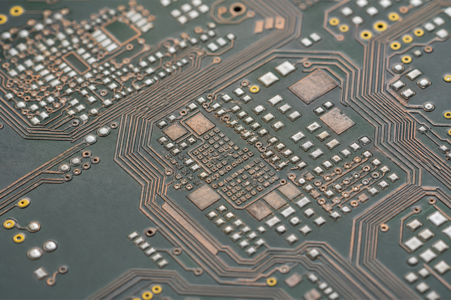 Copper PCB traces and solder pads under inspection lighting
