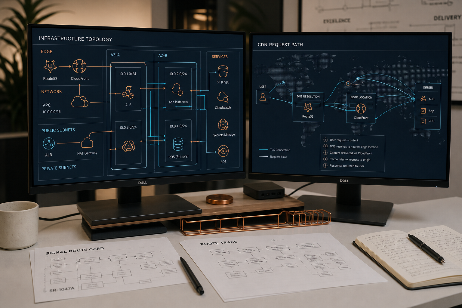 Cloud infrastructure routing diagrams on dual monitors
