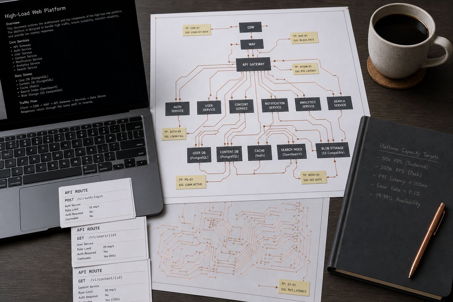 High-load platform engineering desk with API route cards