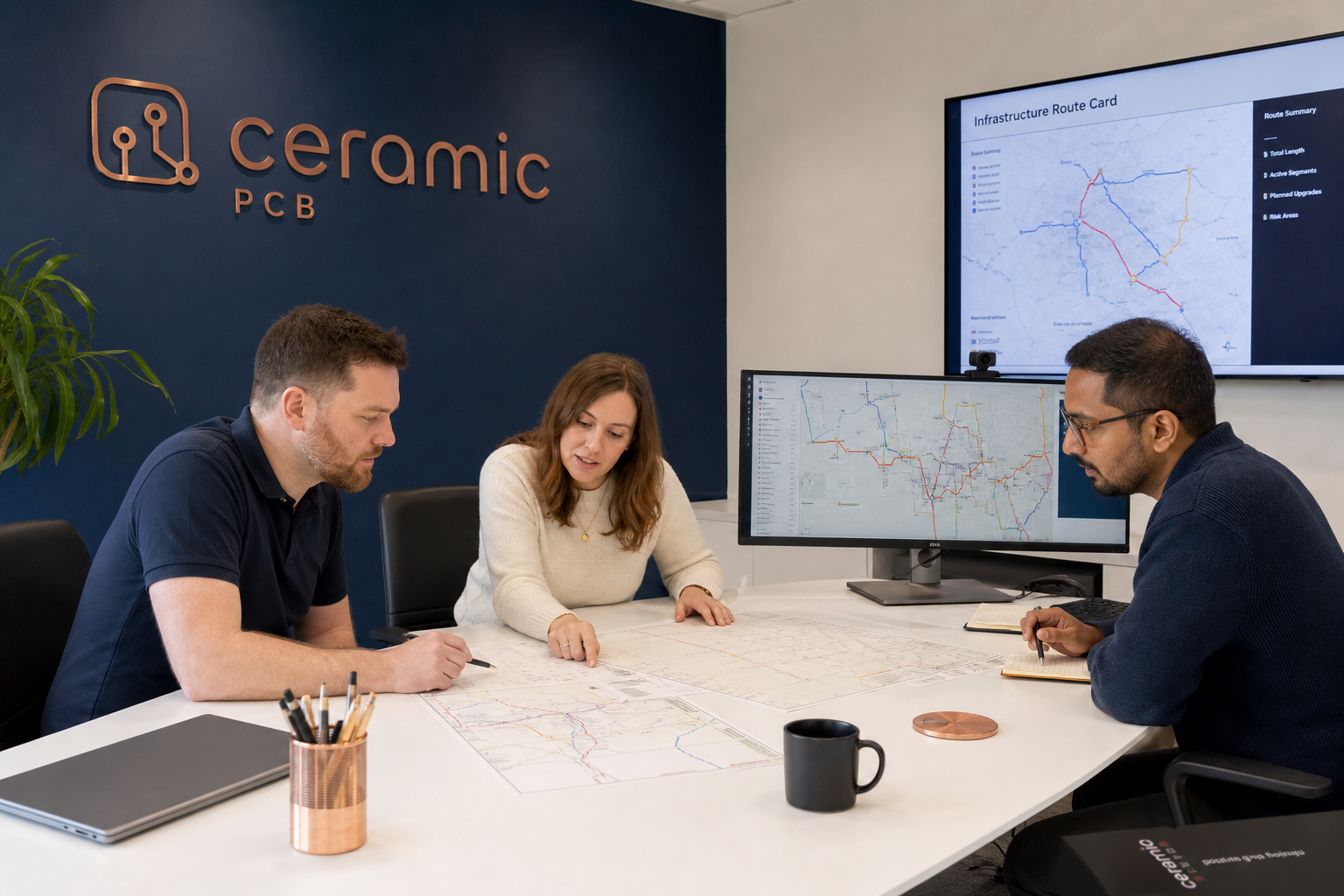 Professionals collaborating over signal routing cards and screens